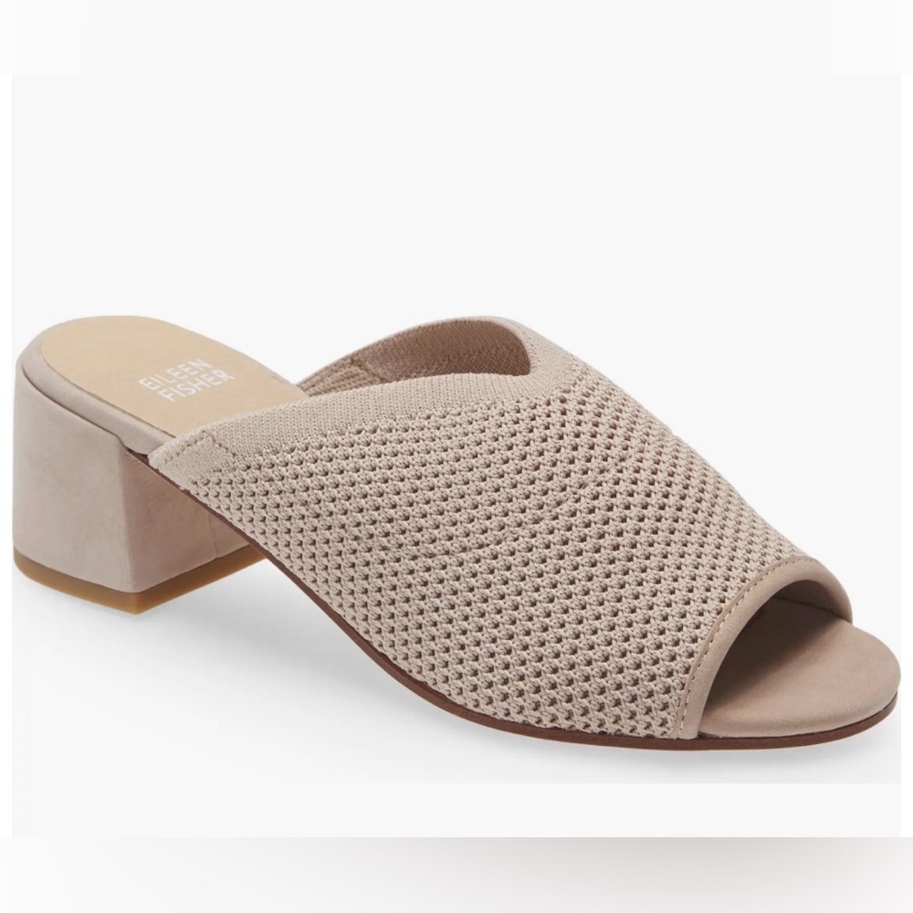 Eileen Fisher Fave Block Heel Slide Sandal Beige Knit Open-Toe Mules